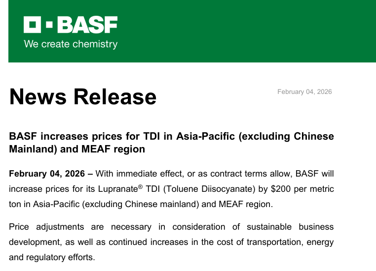 巴斯夫上调亚太地区（不含中国大陆）及MEAF地区TDI价格