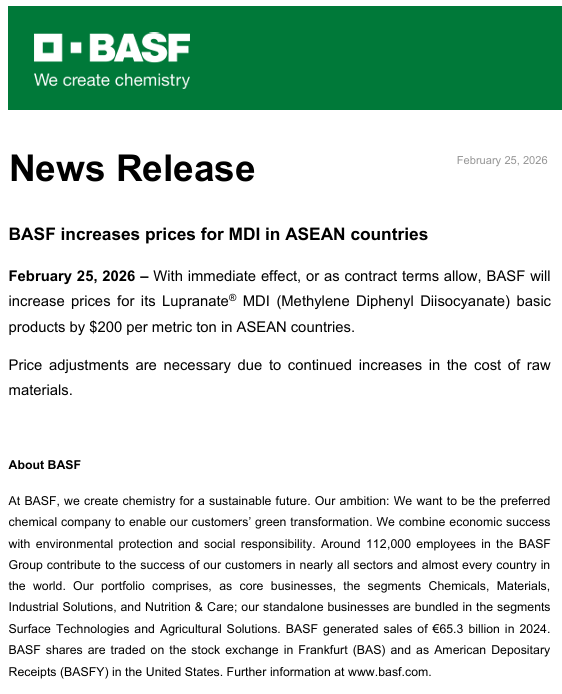 巴斯夫宣布提高东盟地区MDI产品价格